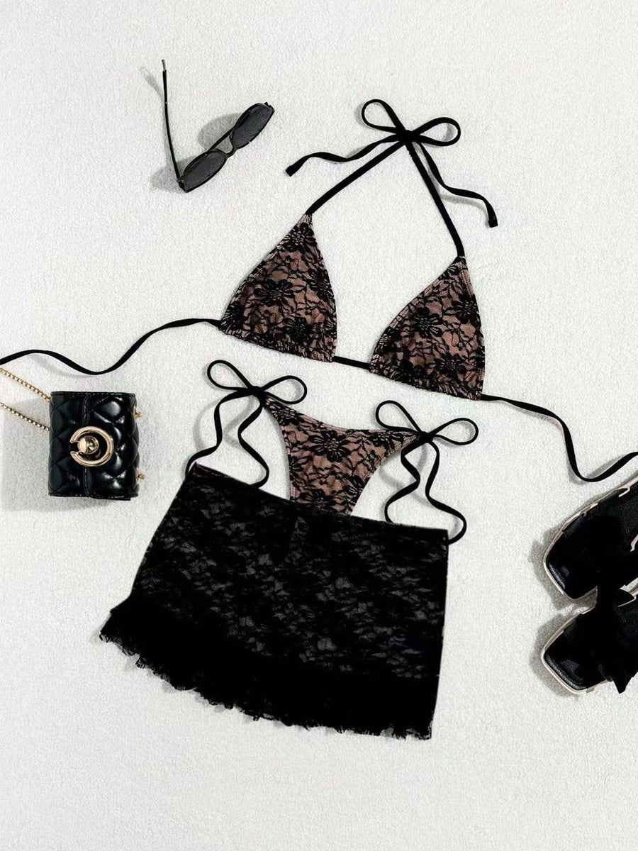 Inara Lace Tie-Up Bikini Three-Piece Set