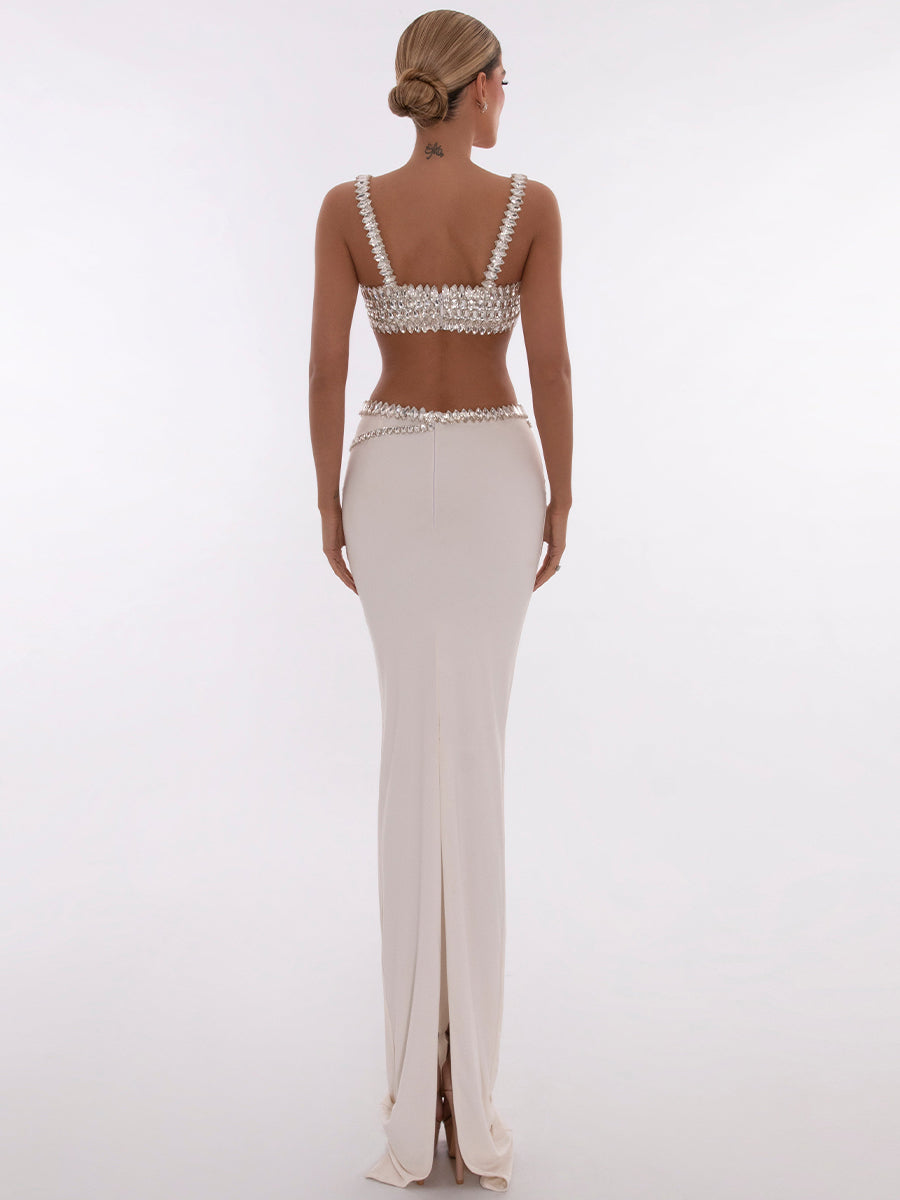 Beaded Crop Top And Skirt In White