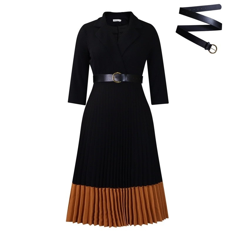 High Waist Pleated Blazer Collar Color Block Dress