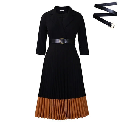 High Waist Pleated Blazer Collar Color Block Dress