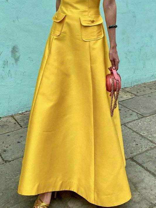 Short Sleeves Pockets Solid Color Split-Joint Round-neck Maxi Dresses