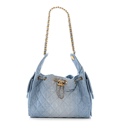 Washed Denim Quilted Small Chanel 25 Handbag Blue