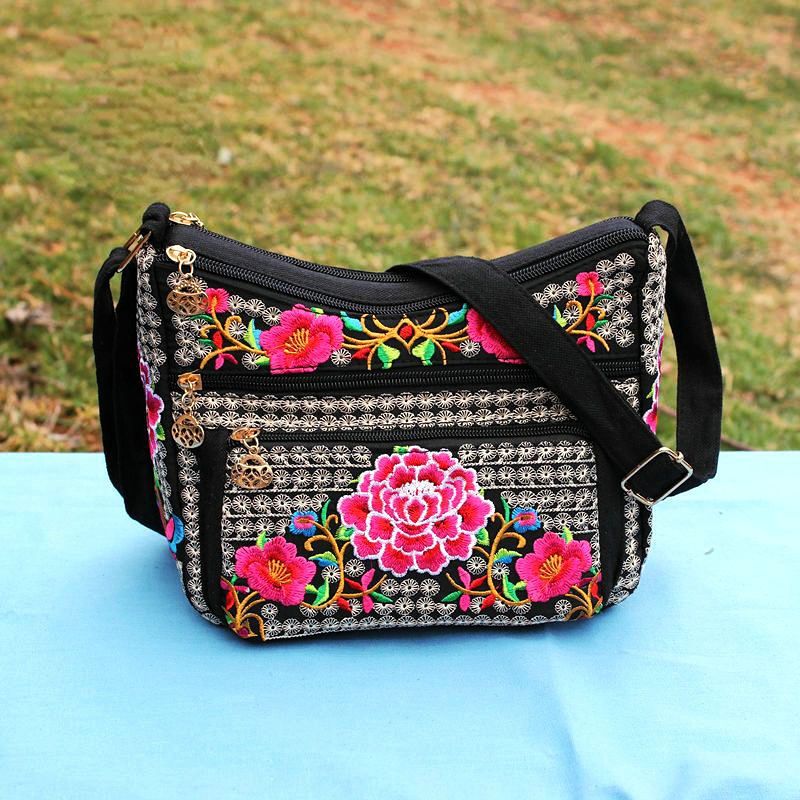 New Ethnic Style Women'S Embroidery Bag Large Capacity Multi Layer Embroidery One Shoulder Crossbody Cosmetic Bag