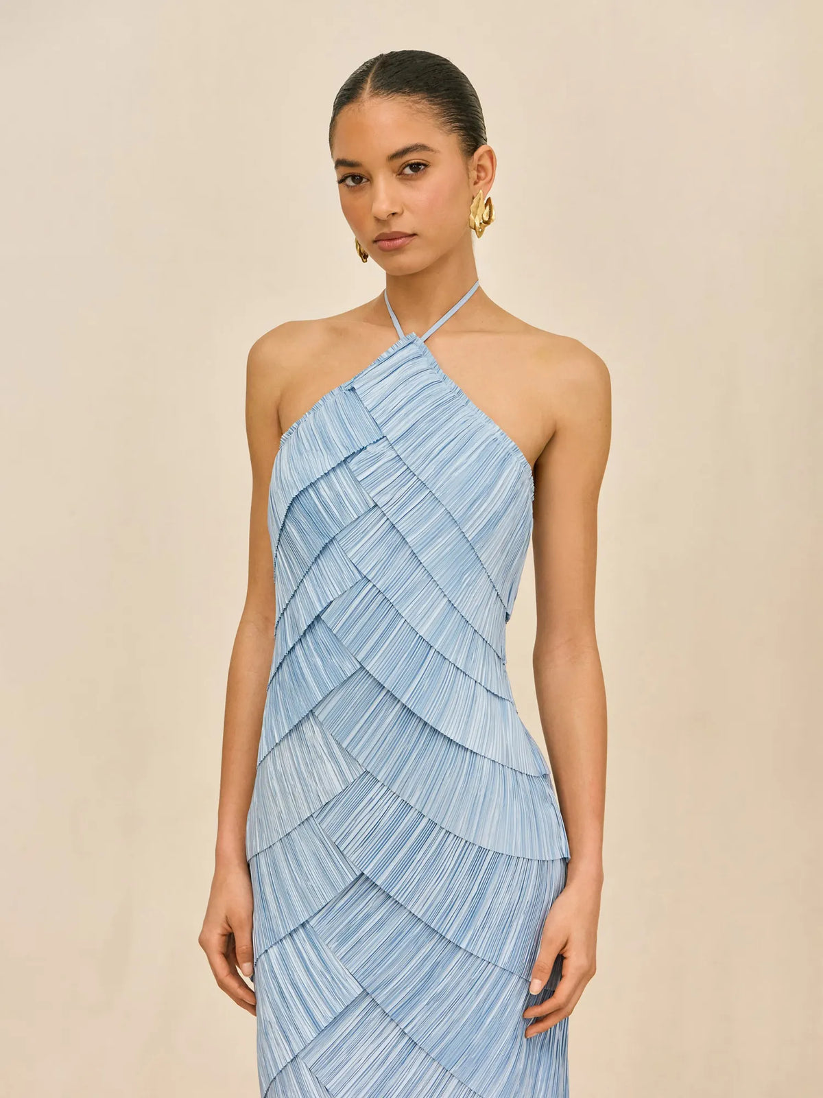 Ella Tiered Pleated Halter-Neck Sleeveless Maxi Dress