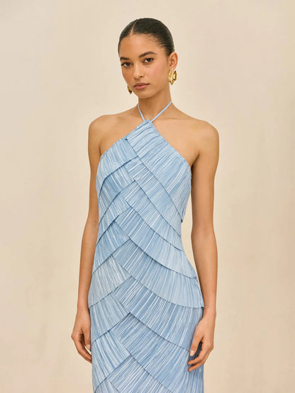 Ella Tiered Pleated Halter-Neck Sleeveless Maxi Dress