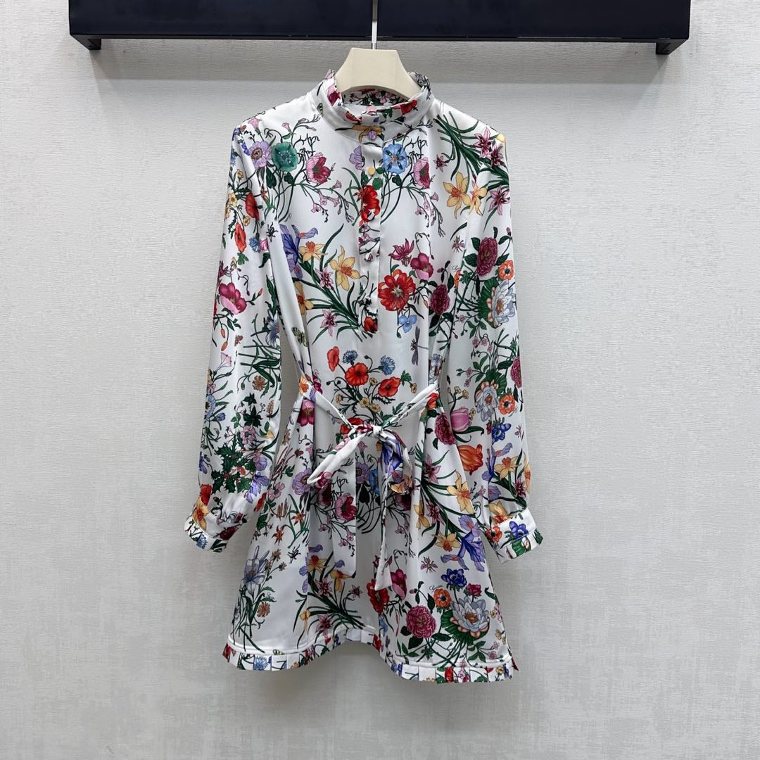 GG SS26 Flora Print Mini Dress White Multicolor Silk 351773