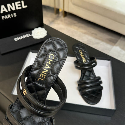 CC 26C Double C Strap Sandals Black Sheepskin