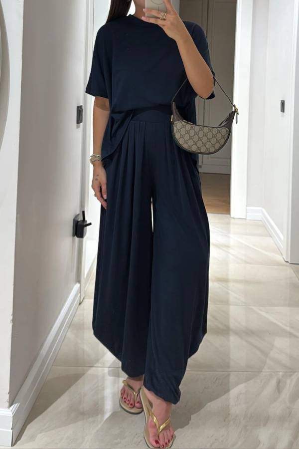 Light Grey Casual Top and Wide-leg Pants Set