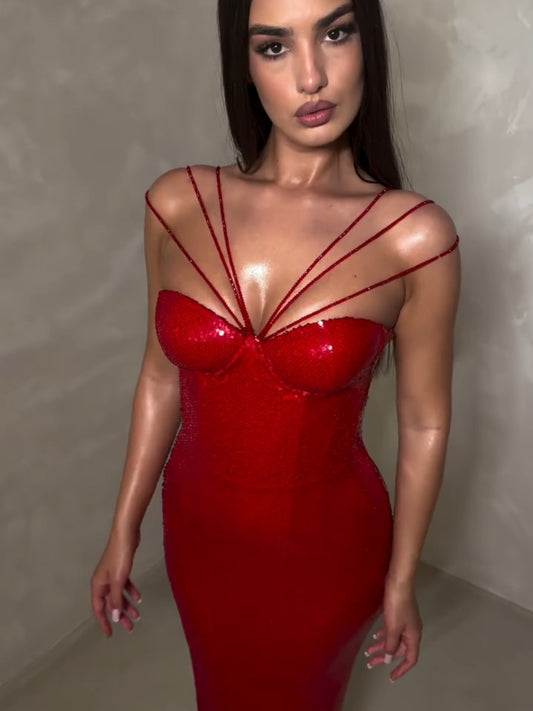 Scarlett Sequin Strappy Corset Mermaid Gown in Red