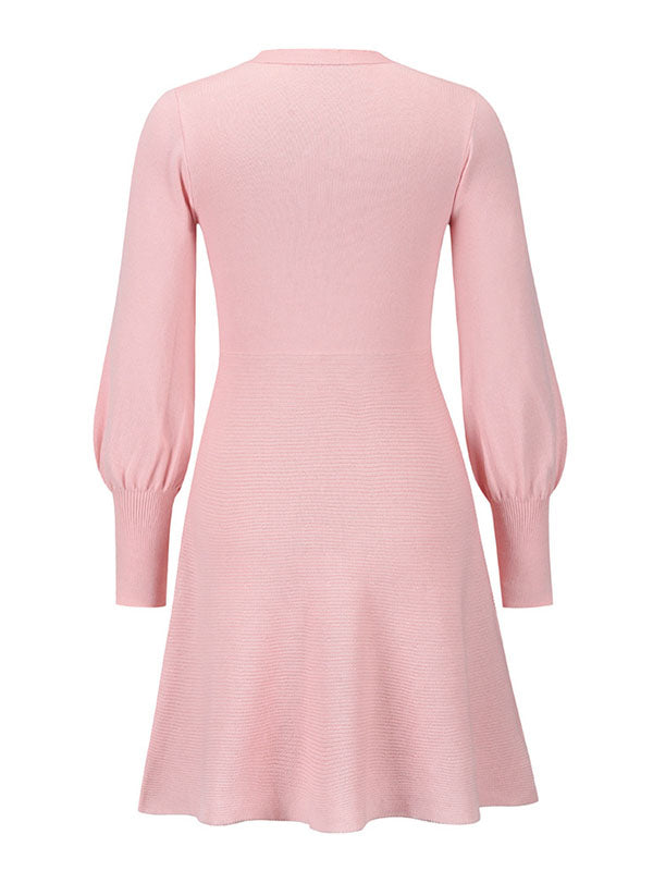 Puff Sleeves Wrap Solid Color Round-Neck Mini Dresses