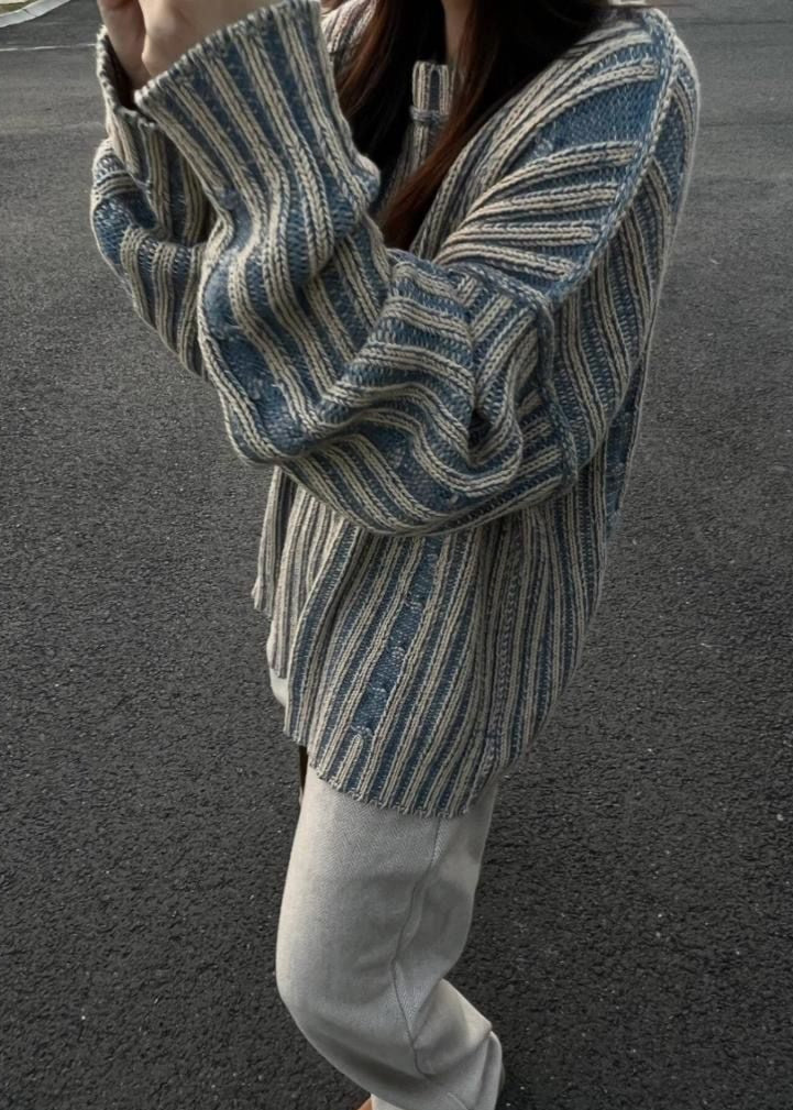 Striped Knit Oversized Sweater Soft Cotton Pullover