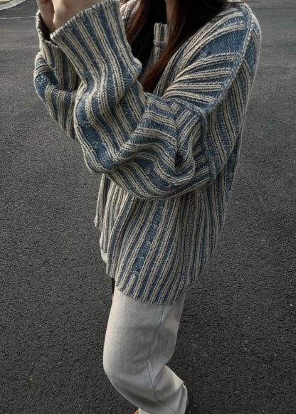 Striped Knit Oversized Sweater Soft Cotton Pullover