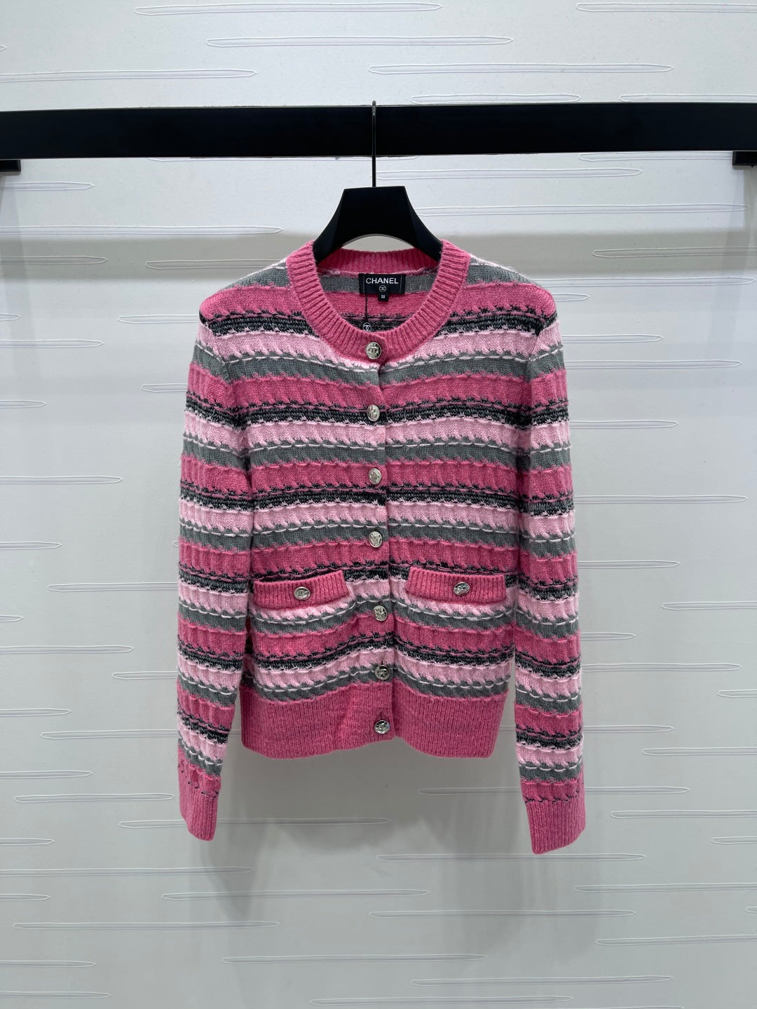 CC 25 Striped Knitted Long-Sleeved Pocket Cardigan Pink Tencel