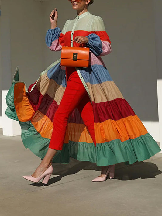 Long Sleeves Loose Buttoned Contrast Color Striped Stand Collar Maxi Dresses Outerwear Shirt Dress