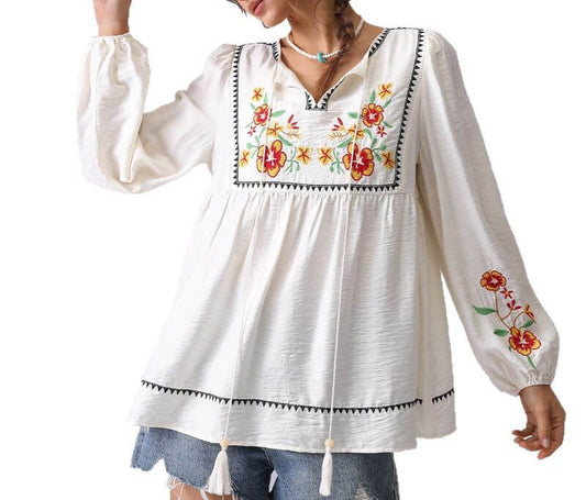 Floral Embroidered V-Neck Tie-Front Blouse