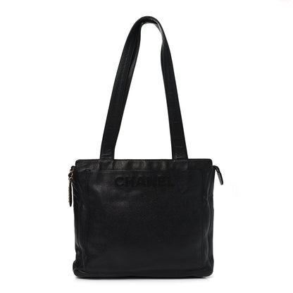 Caviar Embroidered Logo Shoulder Bag Black