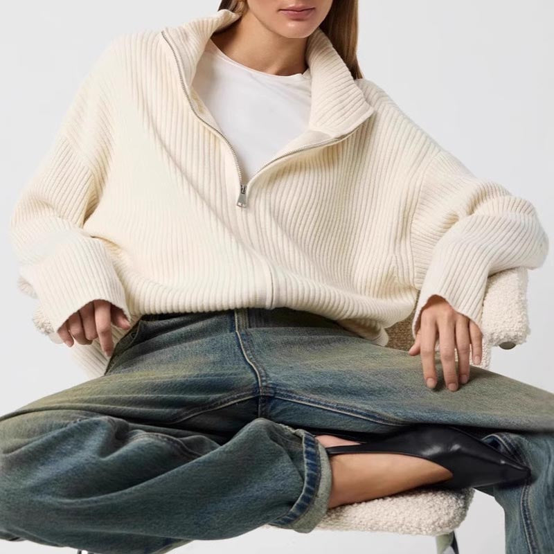 Simple Ribbed Knit Mock Neck Zip Up Cardigan