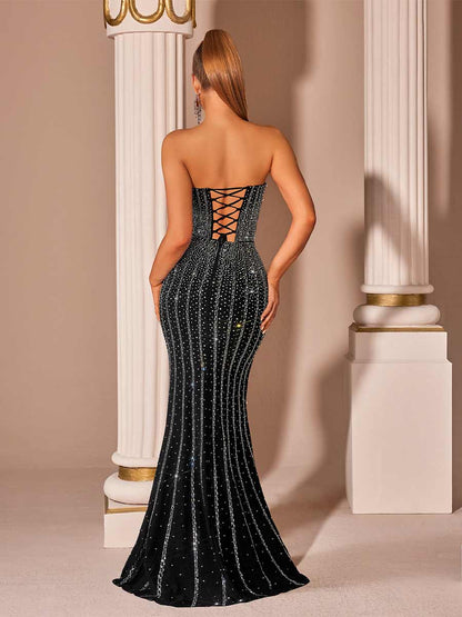 Thea Strapless Fish Tail Rhinestone Maxi Dress