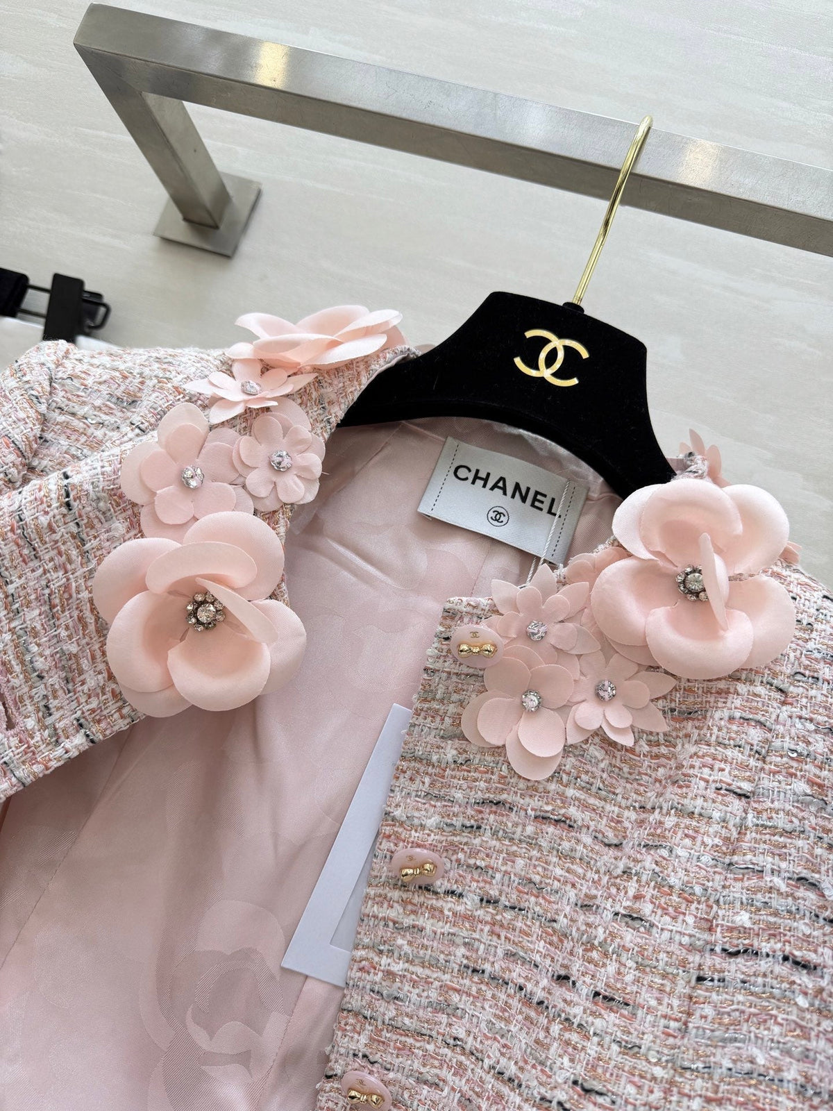 CC 26s Coat 3D Floral Embellished Light Pink Wool Blend Tweed