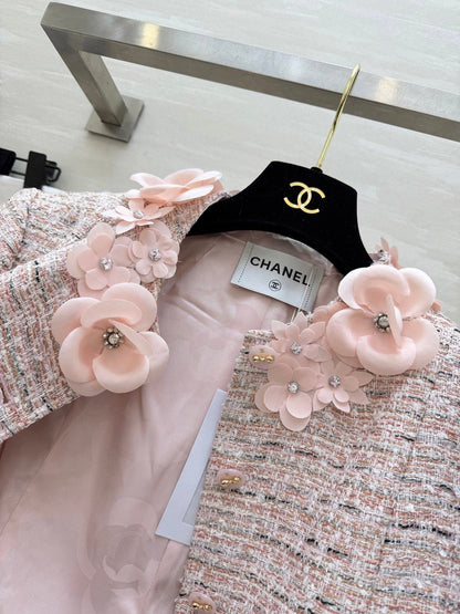 CC 26s Coat 3D Floral Embellished Light Pink Wool Blend Tweed