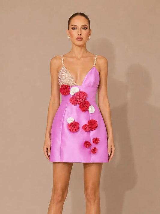 Mariella 3D Floral and Pearl Strap Mini Dress