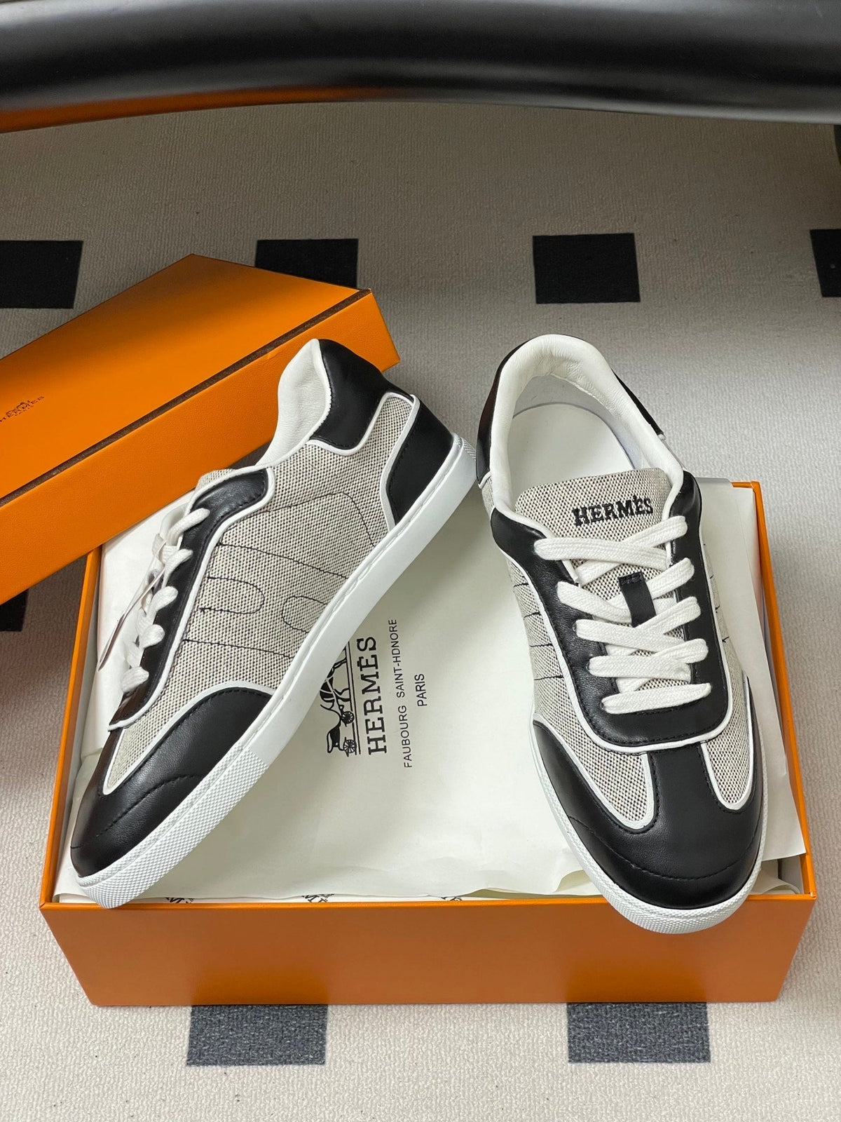 Hermes 26 Match Sneakers Black Gray in Calfskin 594336