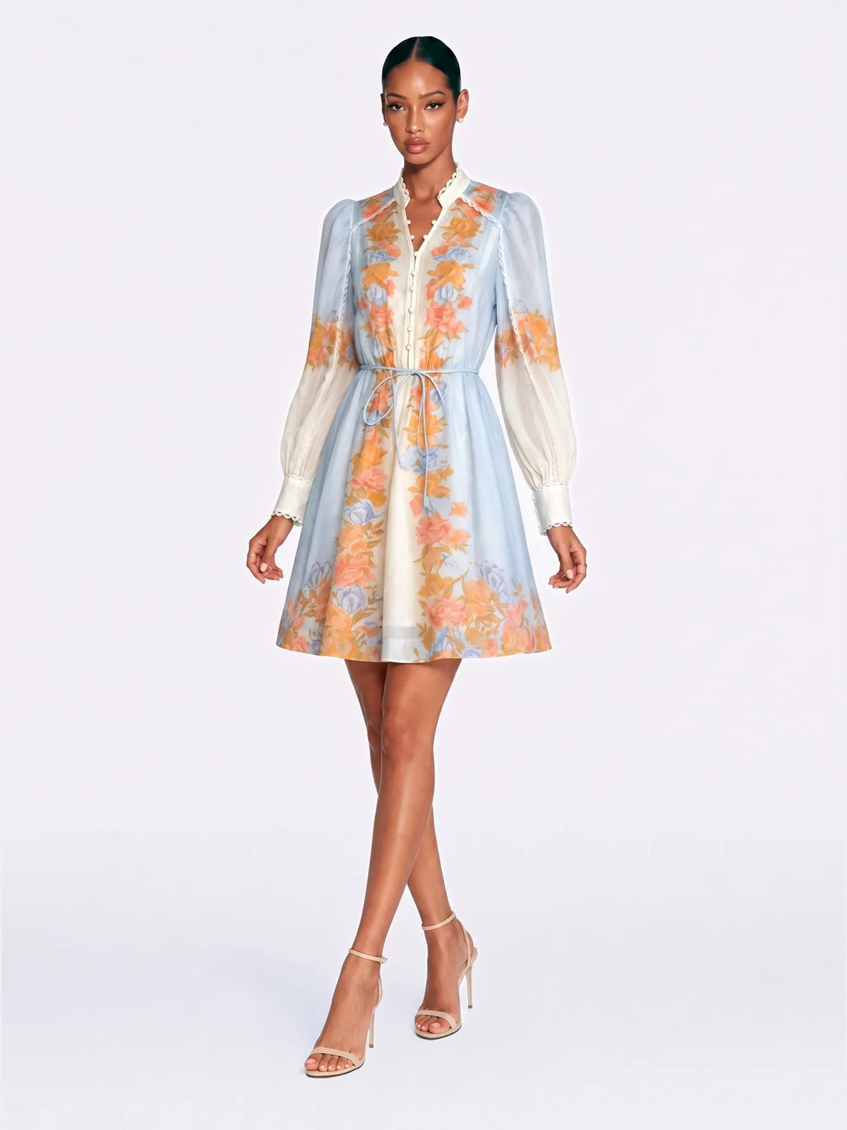 Zoe Floral Puff Sleeve Tie-Waist Mini Dress