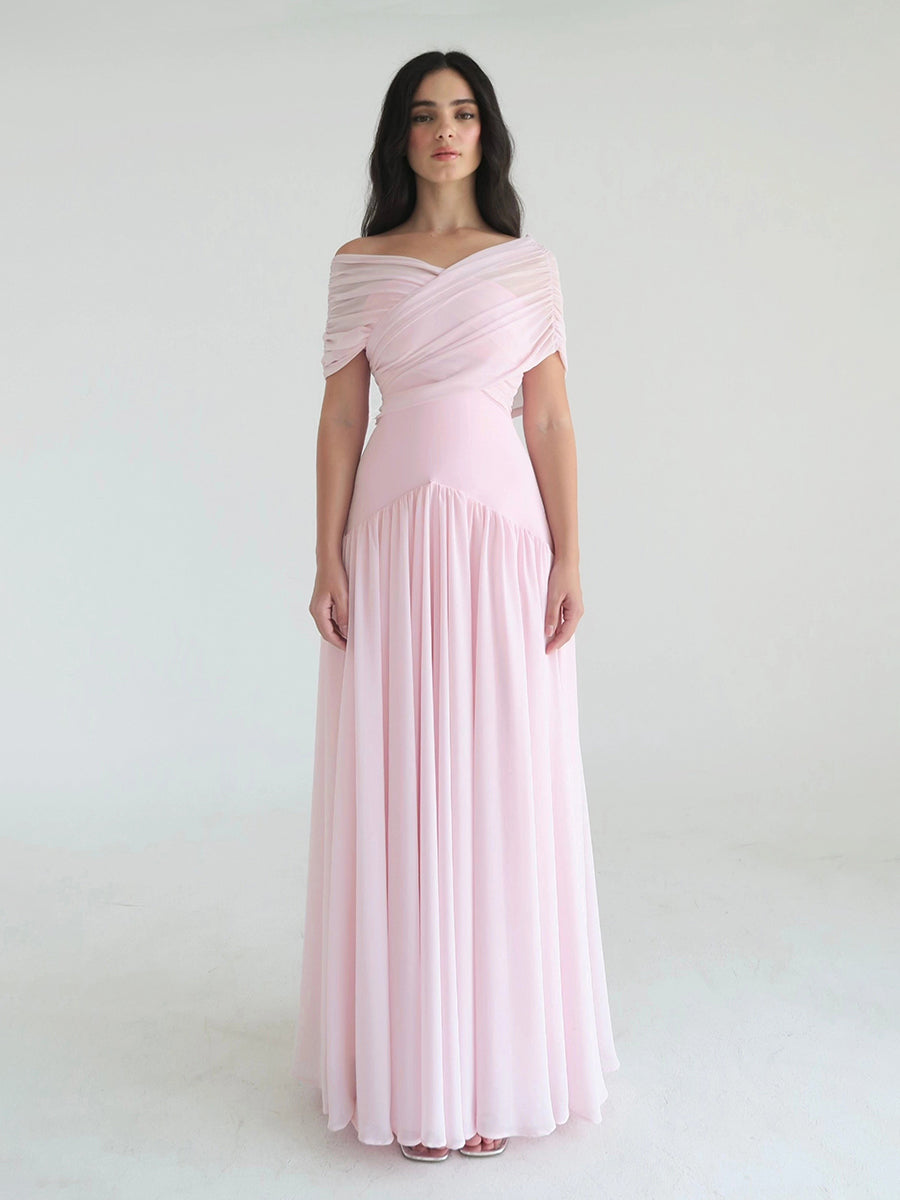 Chloe Off-the-Shoulder Ruched Chiffon Maxi Dress