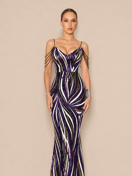 Abrielle Chic Contour V Neck Sequin Stripe Purple Maxi Dress