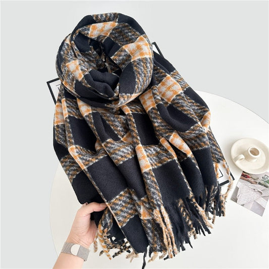 Color Block Plaid Fringe Scarf