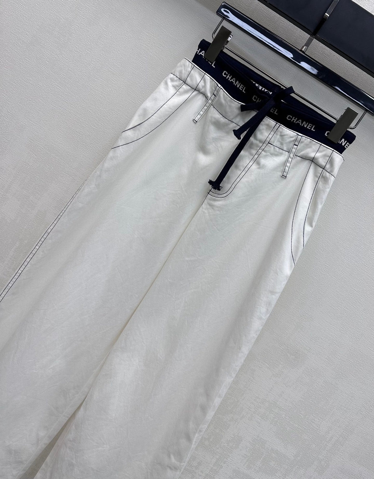 CC Drawstring Webbing Trousers White Cotton Tencel 350186