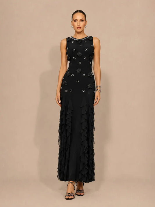 Kira Chic Contour Rhinestone Floral Bandage Black Maxi Dress