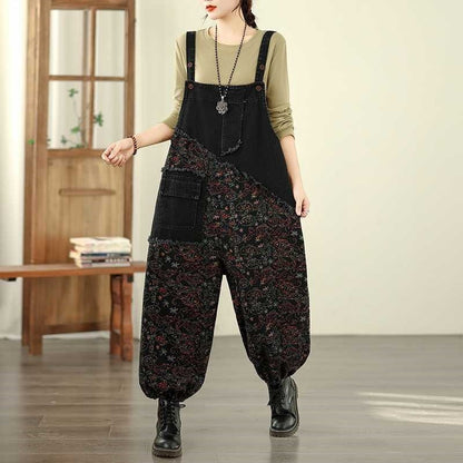 Printed Loose Denim Overalls