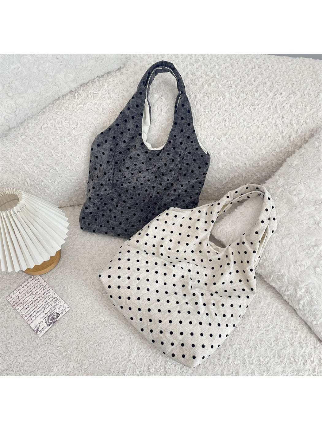 Cosbai - Polka Dots Velvet Canvas Shoulder Bag