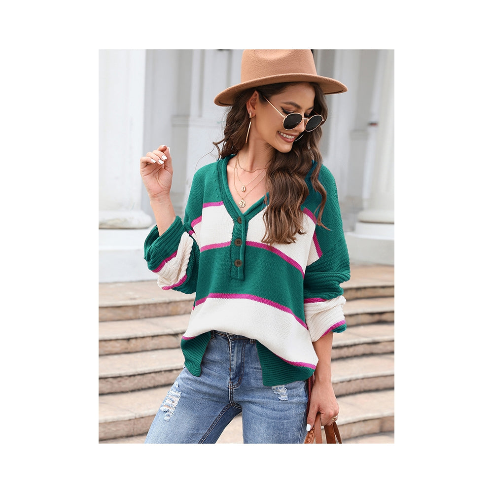 Casual Long Sleeves Loose Striped V-Neck Sweater Tops