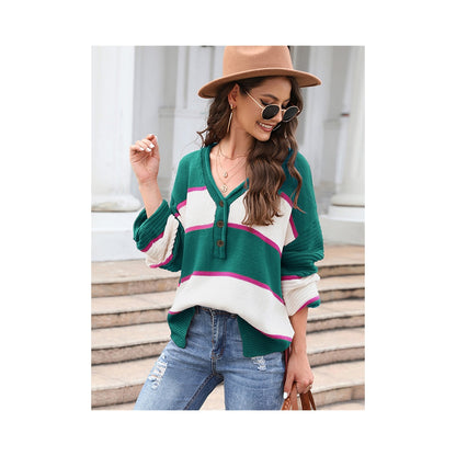 Casual Long Sleeves Loose Striped V-Neck Sweater Tops