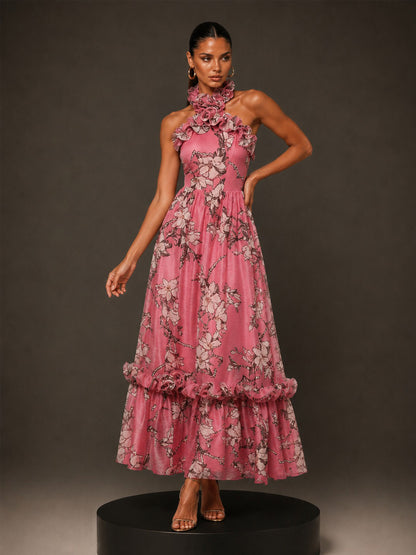 Autumn 3D Floral Halter-Neck Sleeveless Maxi Dress
