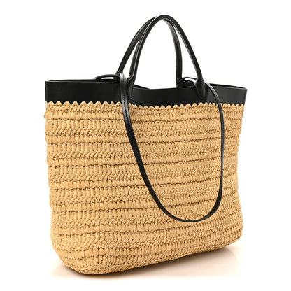 Yarn Raffia Effect Calfskin Crochet Embroidered Medium Logo Tote Tan Black