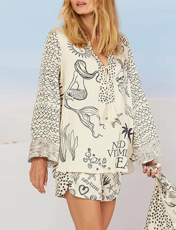 Casual Print Deep V-Neck Top Short Set