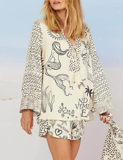 Casual Print Deep V-Neck Top Short Set
