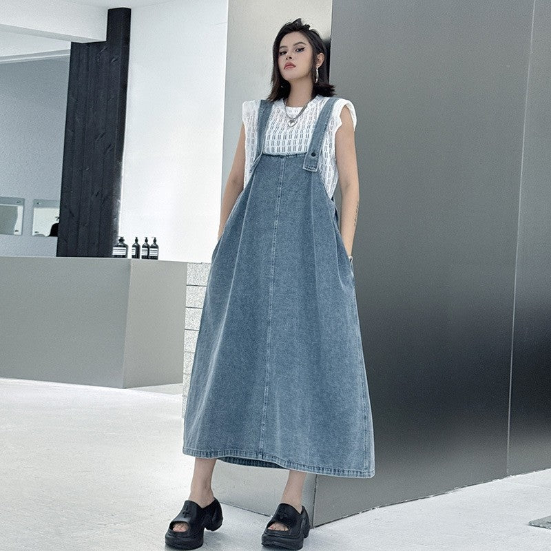 Cotton Polyester Denim Pinafore Dress Loose Paneled