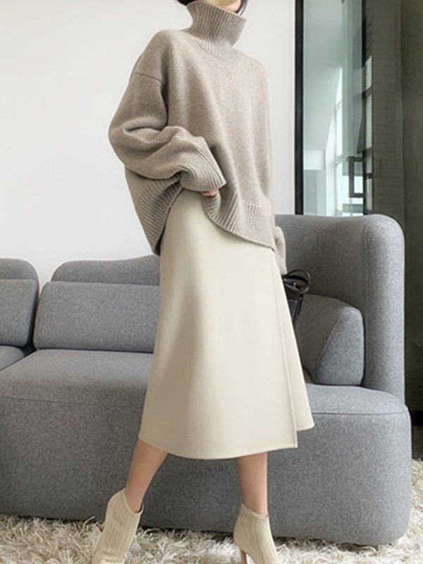 Long Sleeves Loose Pleated Solid Color Split-Joint High Neck Sweater