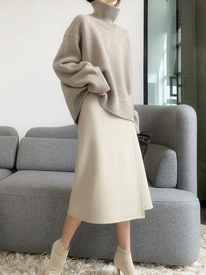 Long Sleeves Loose Pleated Solid Color Split-Joint High Neck Sweater