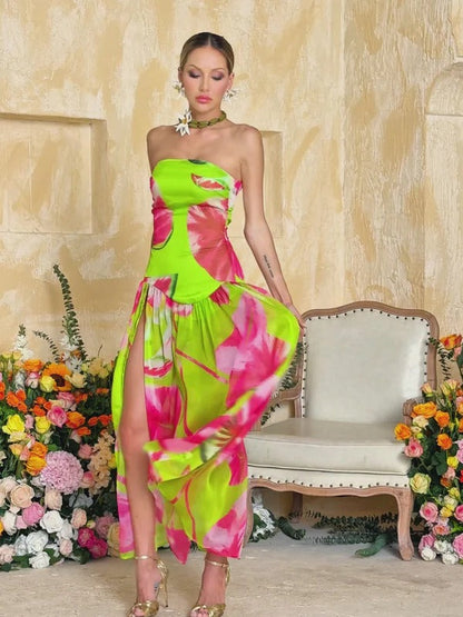 Alikae Strapless Printed Split Maxi Dress