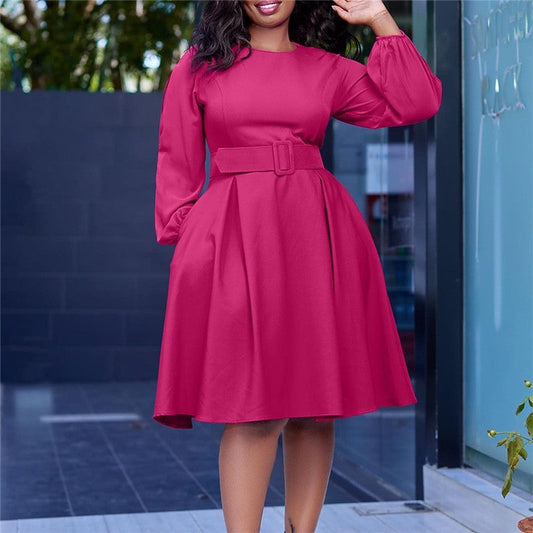 Solid Color Long Sleeve Round Neck Dress With Belt