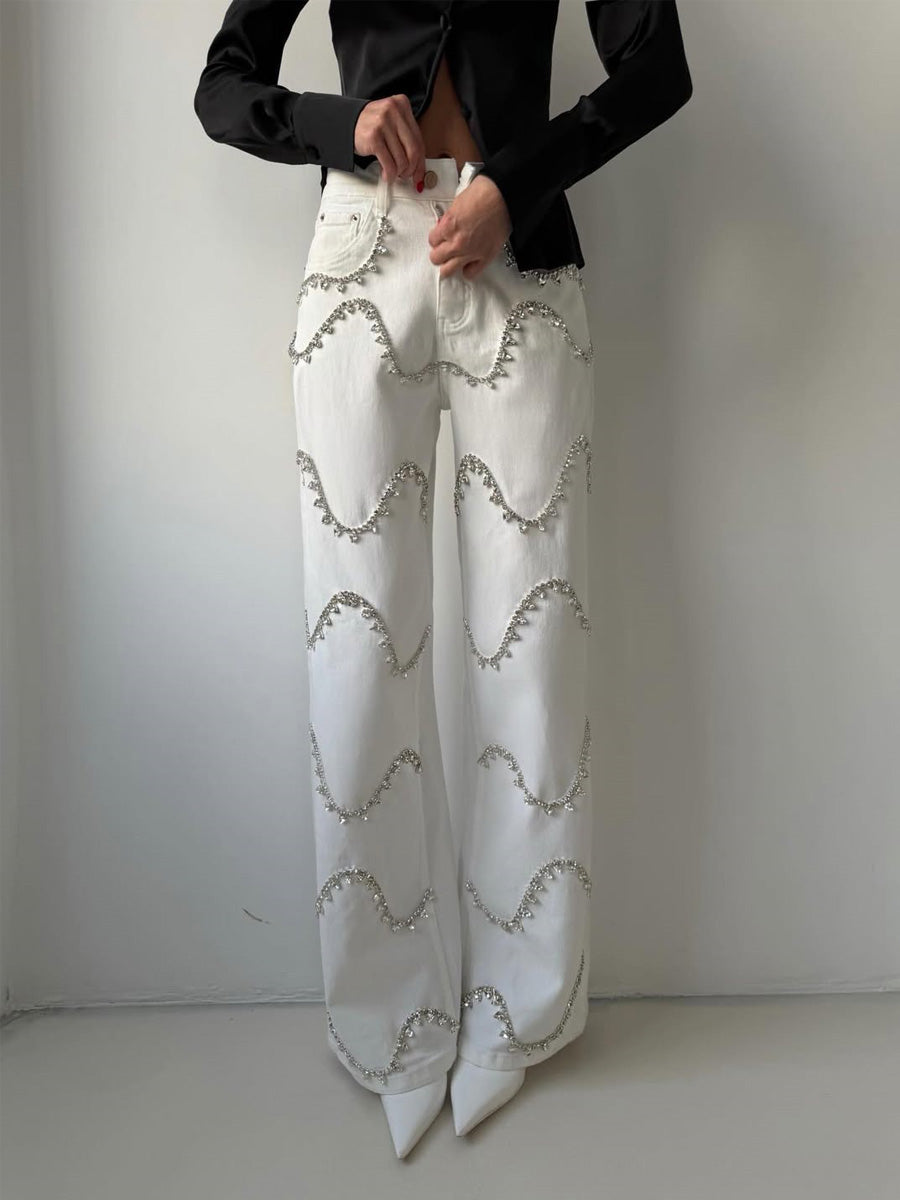 Lucienne Curved Rhinestone-Paneled Jeans