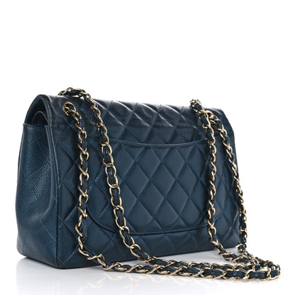 Metallic Caviar Quilted Jumbo Double Flap Dark Blue