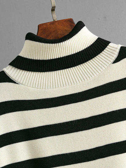 Long Sleeves Loose Contrast Color Split-Joint Striped Patterns High Neck Sweater Tops