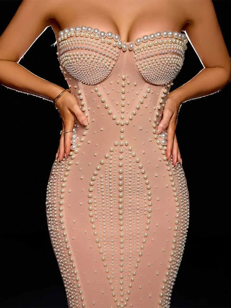 Zyra Pleated-hem Bandage Pearl Midi Dress