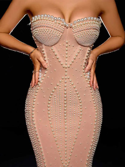 Zyra Pleated-hem Bandage Pearl Midi Dress